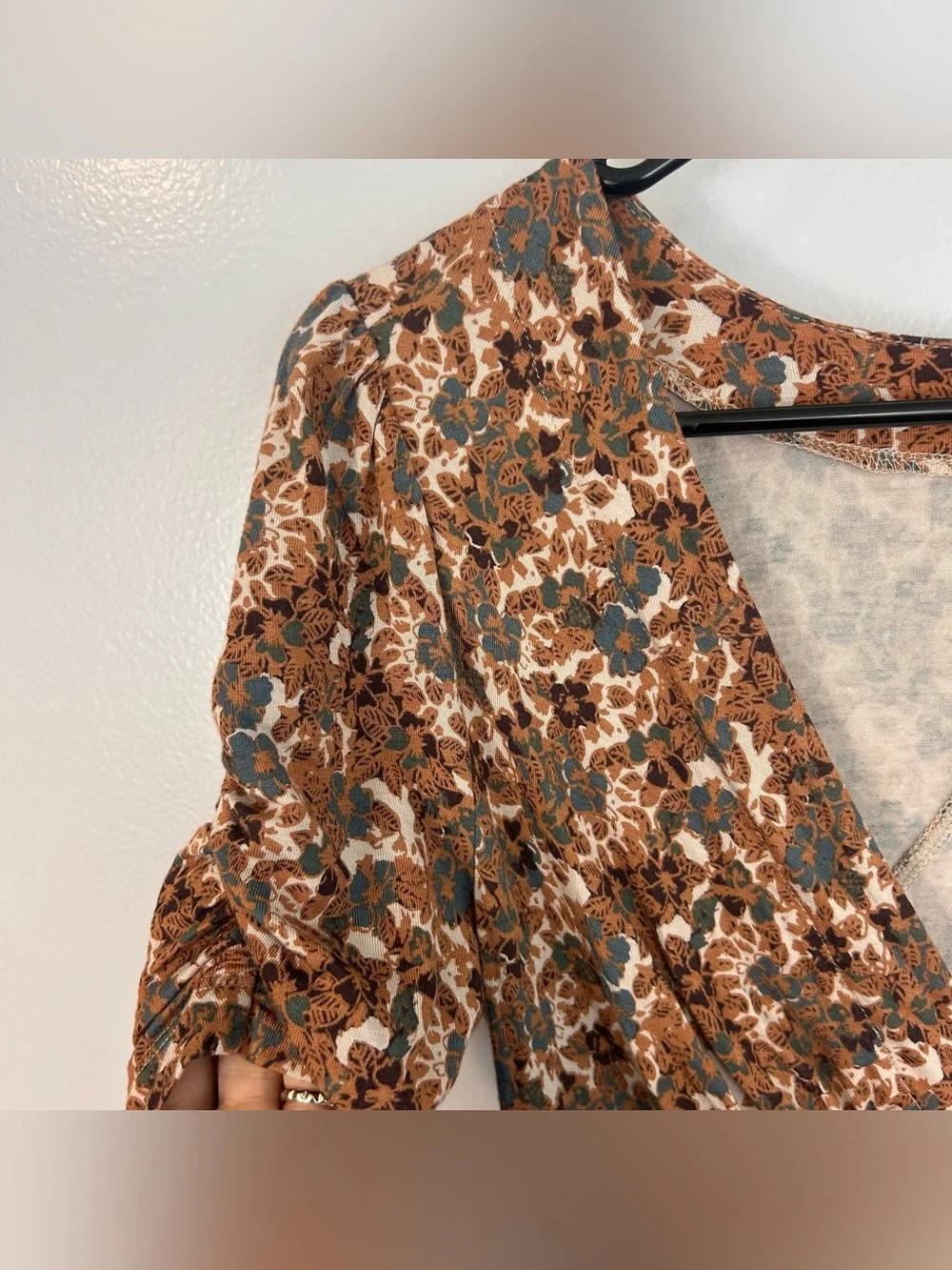 Free People Brown Disty Floral V-neck Short Puff Sleeve Button Front Top Size XS